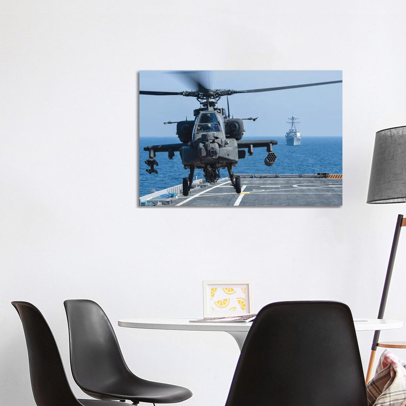 An Army Ah-64D Apache Helicopter Takes Off from USS Ponce 1 Piece Wrapped Canvas Wall Art