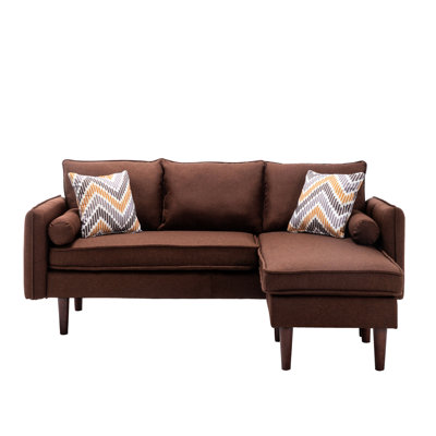 Canapé modulaire brun de 70 po avec méridienne réversible, deux points de recharge disponibles, 4 coussins décoratifs, revêtement en lin, arrangement à 3 sièges, structure effilée en bois massif de 70 po incluse, pochette pour téléphone, tablette