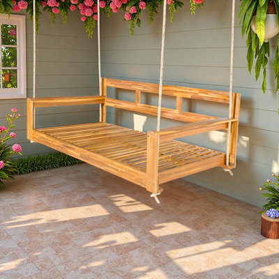 Patio Wooden Twin Size Porch Swing Daybed Frame, Garden Swing Bench Chair With 4 Hanging Ropes For Backyard,Outdoor