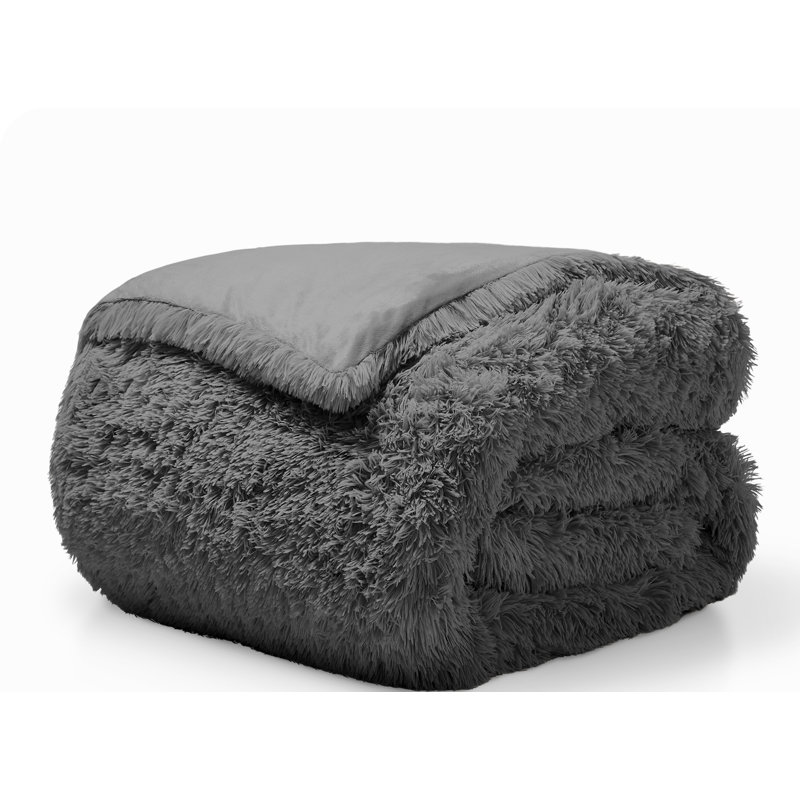 Gray King/California King Shaggy Faux Fur Duvet Cover