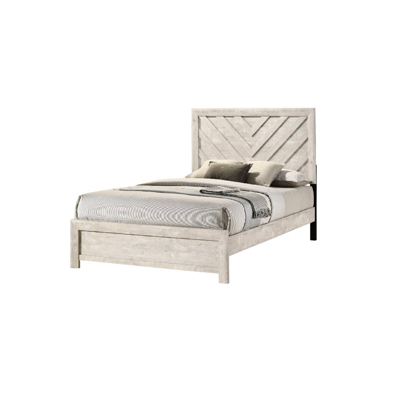 Lit simple beige gris avec style rustique et tête de lit géométrique