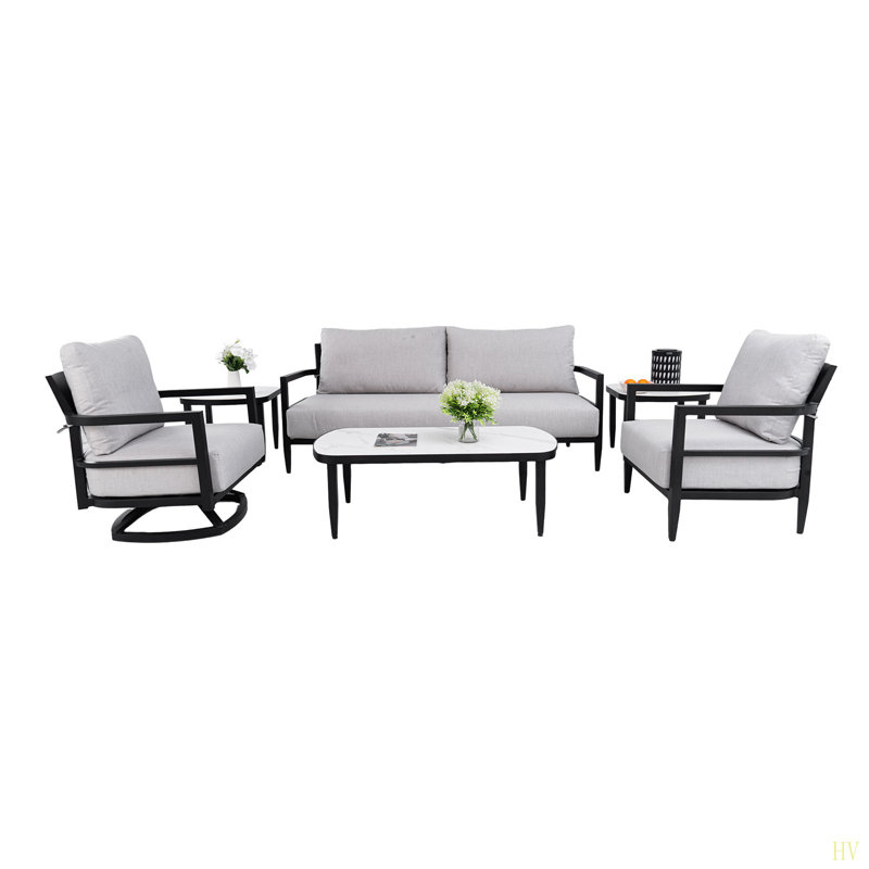 Ensemble de conversation pour l'extérieur 6 pièces avec fauteuils club modernes entièrement soudés, canapé luxueux avec banc, table basse et table d'appoint en marbre fritté d'inspiration marbre, structure en aluminium antirouille et coussins Sunbrella