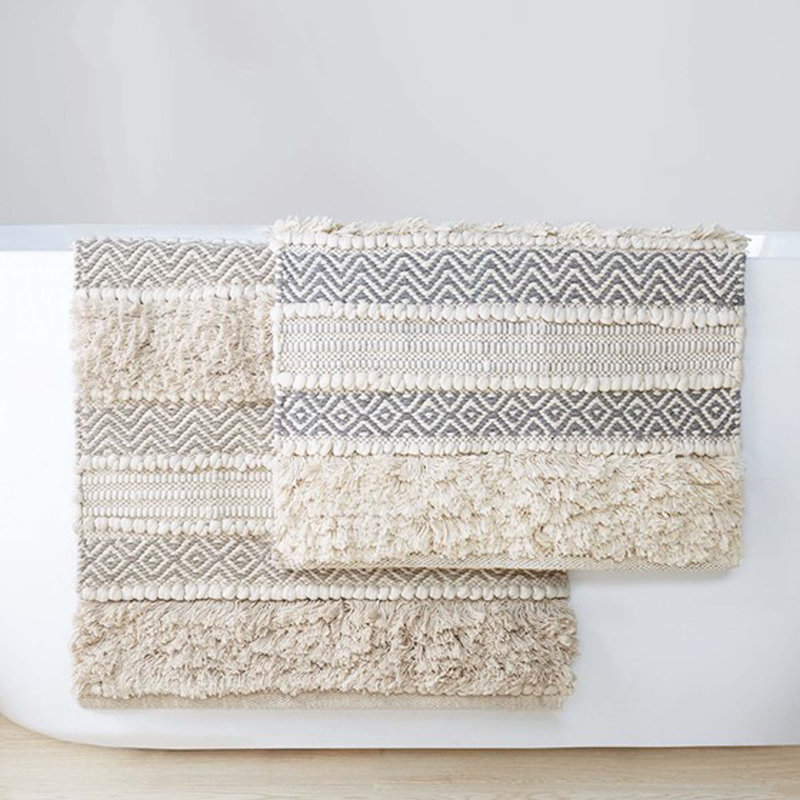 Bath Rug Hand-Woven Texture Shaggy Striped Soft & Water Absorbent Non-Slip 20X32, Natural, 22"W x 58"L