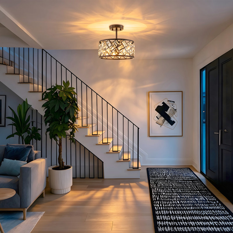 Plafonnier semi-encastré à 3 lumières en cristal à cage géométrique moderne 3 pièces, Noir