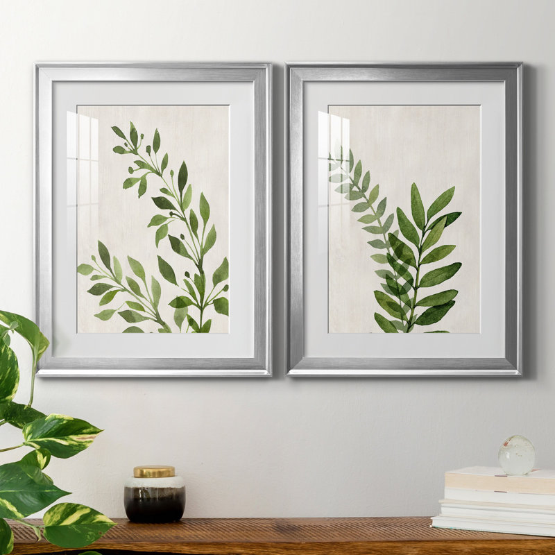 «Botanical Wash I», ensemble de 2 reproductions d'art sur toiles, H 18,5 po x l 49 po x P 1,5 po, Papier avec cadre argenté