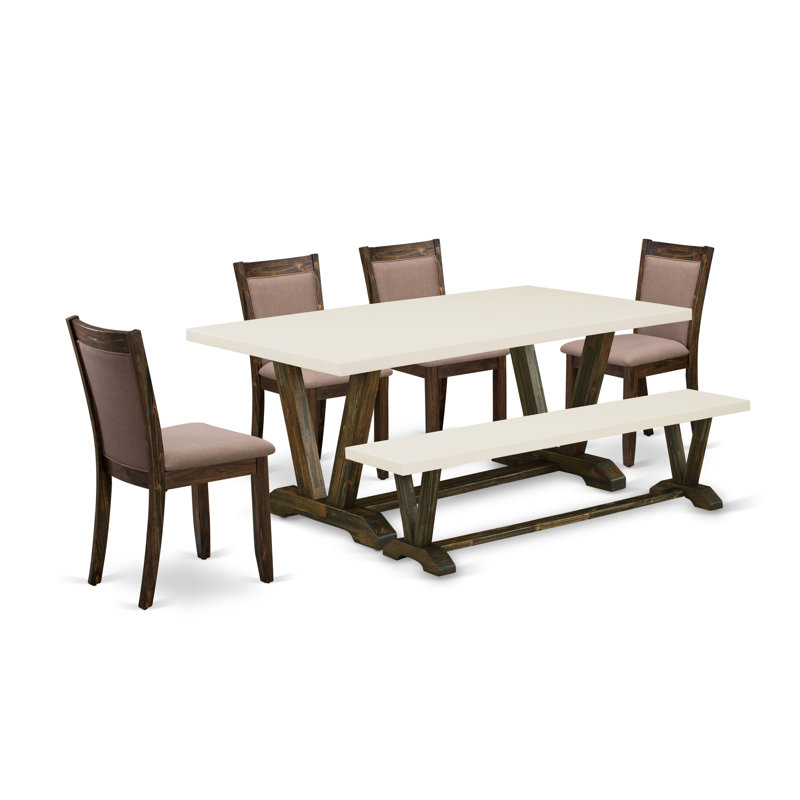 Ensemble de 6 pièces - table de salle à manger avec dessus en lin blanc et base en tréteaux avec banc en bois et 4 chaises de salle à manger en tissu de lin - Finition jacobine patinée