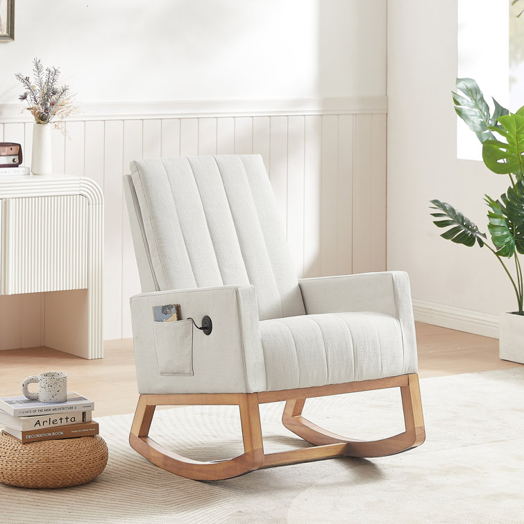 Nursery Rocking Chair with Ottoman, Linen Glider Rocker Chair with High  Backrest and Side Pocket, Upholstered Breastfeeding Chair for Living Room