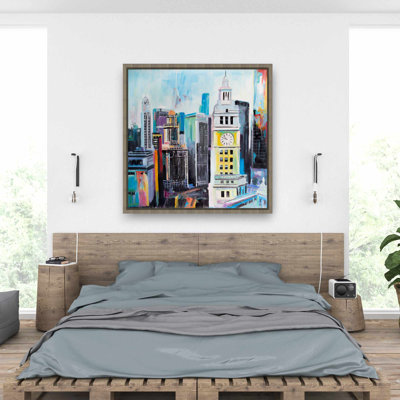 Colorful Cityscape of Manhattan - Retro Turquoise Framed Canvas