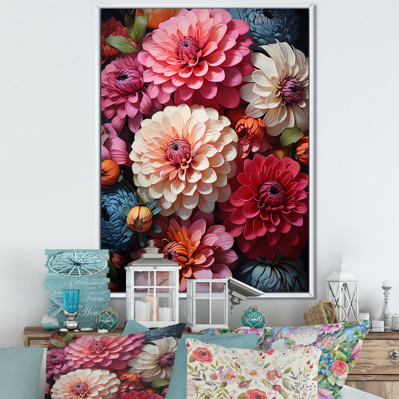 Décoration murale Zinnias rouge beige - Zinnias, Cadre flottant blanc, H 20 po x l 12 po