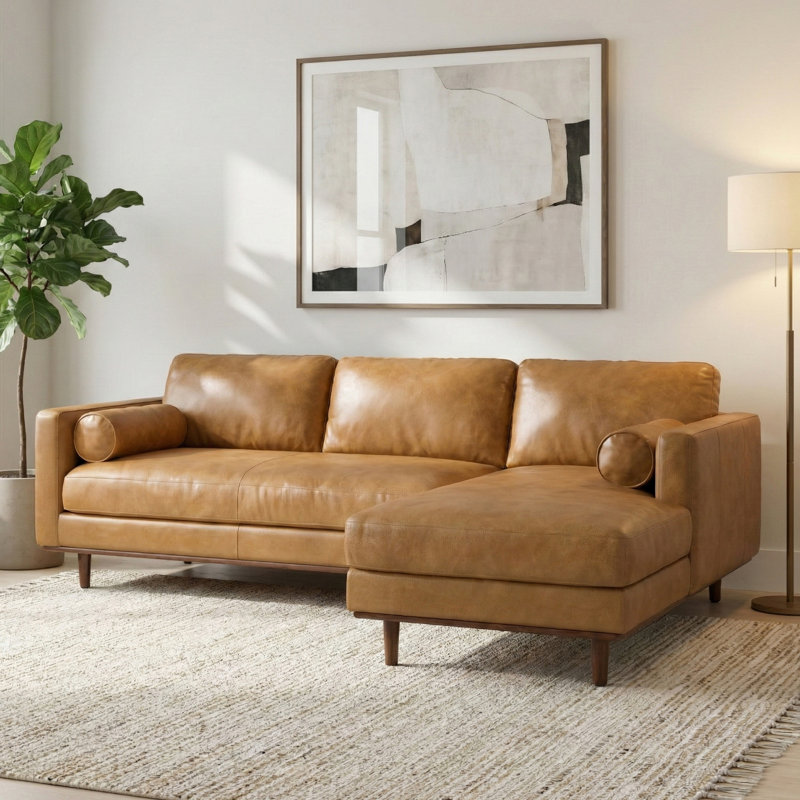 Canapé modulaire Morrison Mid Century, Cuir véritable terre de sienne, Orienté à droite