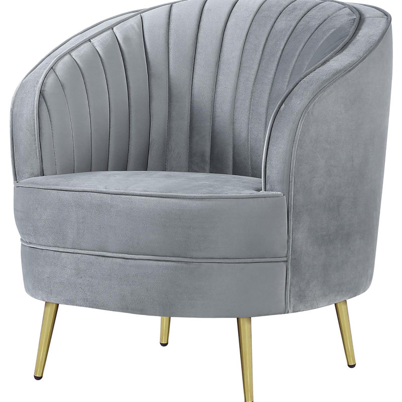 Chaise moderne grise et dorée, fauteuil de luxe en velours doux avec garniture, salon contemporain