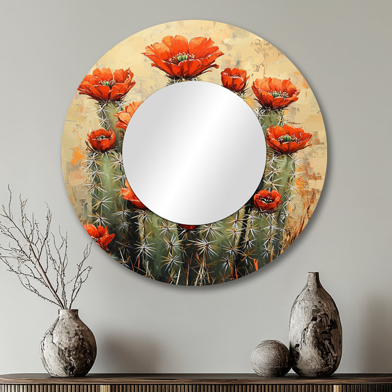 Cactus en pleine floraison - Art mural miroir de cactus floral - imprimé sur métal, 29 po x 29 po