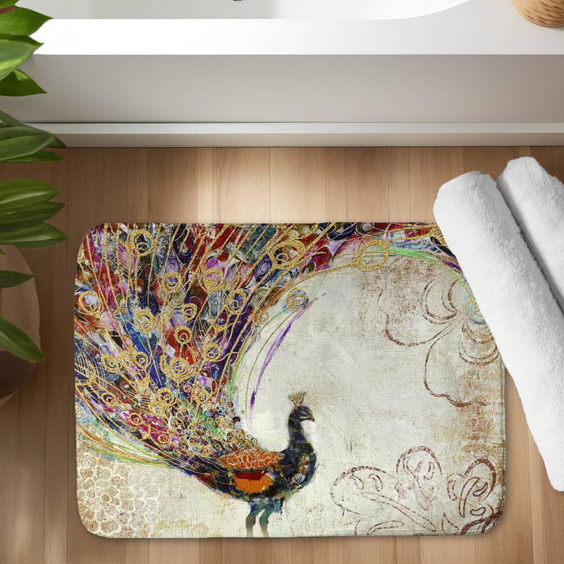 Peacock with gold feathers Bath Mat with Non-Slip Backing - Quick Dry Memory Foam Bathroom Rug - Absorbent - Modern Plush Spa-Style - Machine Washable