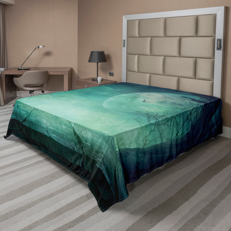 Ambesonne Teal Top Flat Sheet Spooky Forest Halloween Teal, Full Flat Sheet