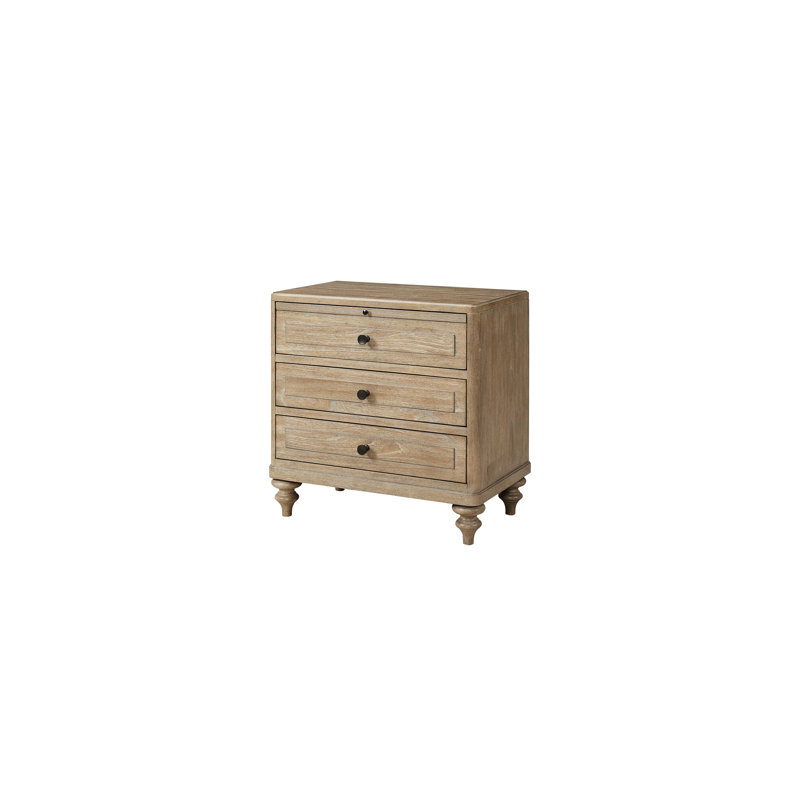 Table de chevet 3 tiroirs en sable, bois massif +, intérieur supérieur doublé de feutre, tiroir inférieur, ports de chargement A et C, 28,93 po Table de chevet à hauteur de sable élevée 3, profondeur 28