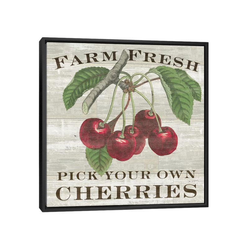 « farm cerises », impression sur toile tendue, H 18 po x l 18 po x P 1,5 po, Toile encadrée noire, Pas de tapis