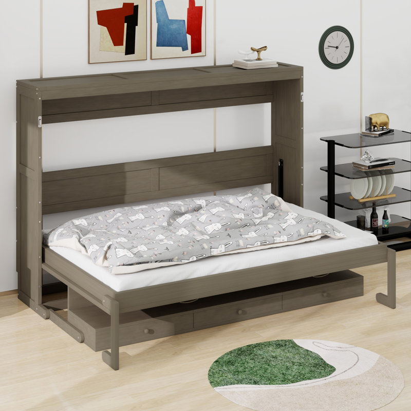 Lit escamotable avec rangement, armoire-lit pliable avec coiffeuse, miroir central et 2 tiroirs latéraux, Gris