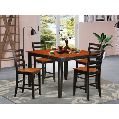 Ensemble de table de salle à manger à hauteur de comptoir 5 pièces comprenant une table de pub carrée avec piédestal et 4 chaises de salle à manger, noir et cerise