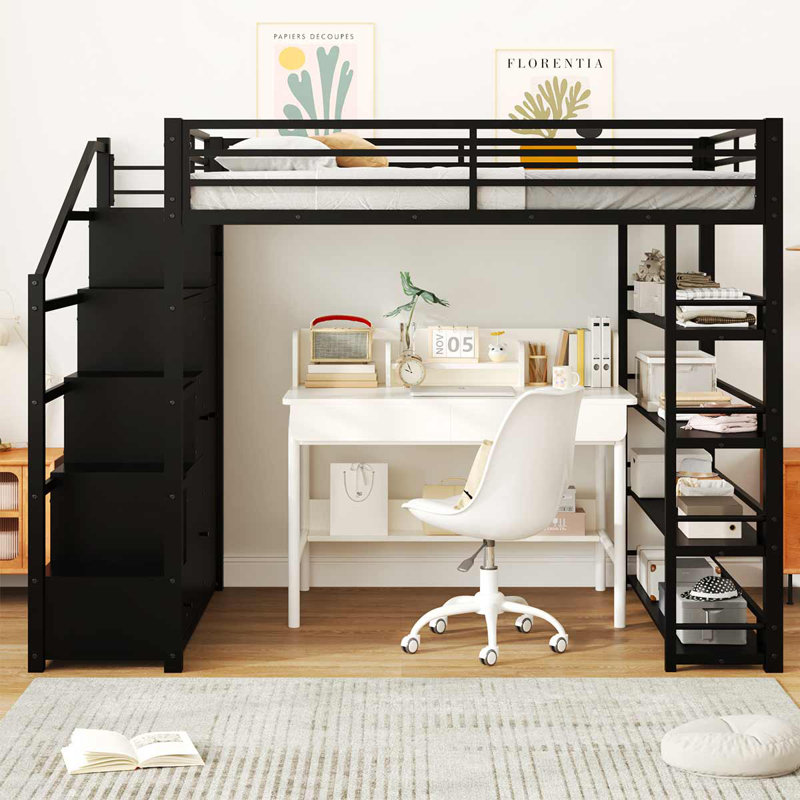 Lit mezzanine double avec armoire de rangement, armoires et escalier, noir