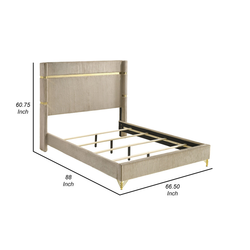 Jenny Bed, Fluted Wingback Headboard, Beige Upholstery Gold Trim, Queen