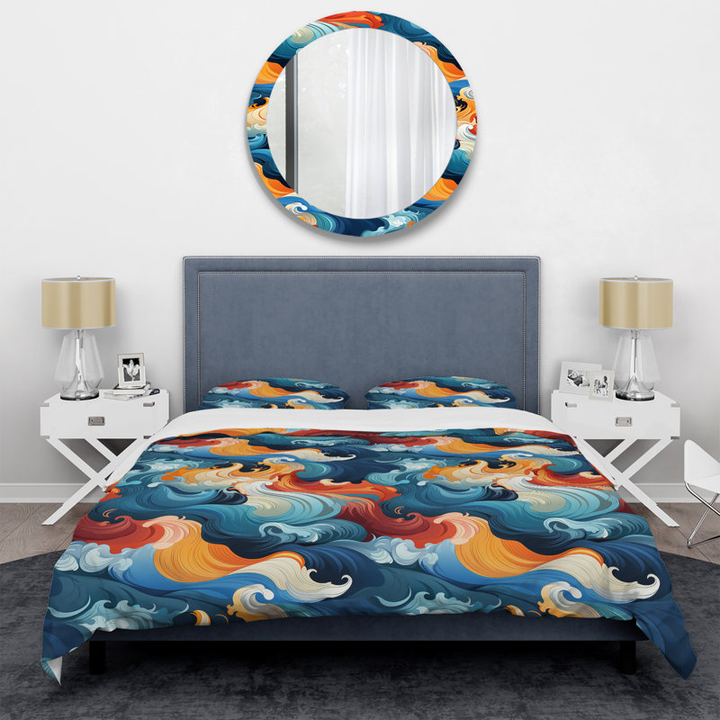 Literie bleue et orange à vagues tourbillonnantes Harmony IV, Housse de couette pour très grand lit et 2 très