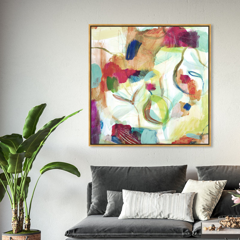 Abstrait blanc / mauve / vert Amazonie I - peinture, H 40 po x l 40 po, Toile encadrée, Doré