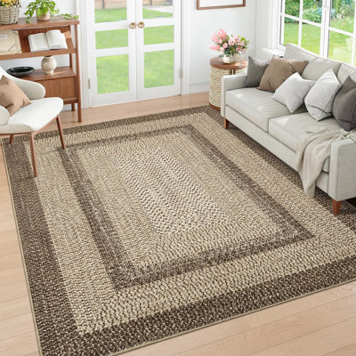 Tapis lavable 180 x 270 cm avec envers antidérapant, à poils courts, résistant aux taches et bord tressé, idéal pour le salon et la chambre.