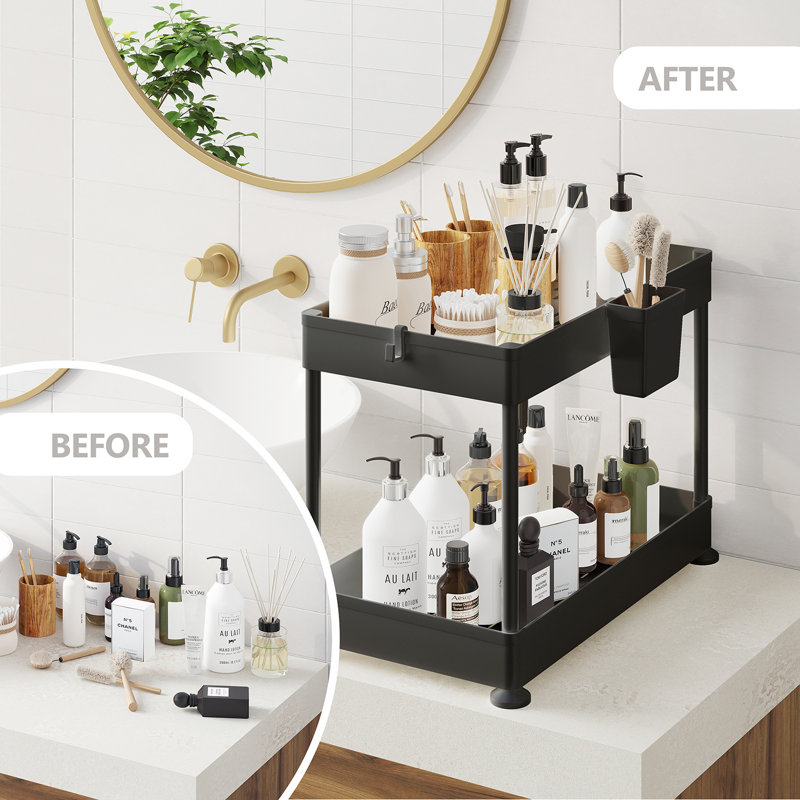 StorageBud Non-Slip Grip Kitchen Under Sink Organizer - Bathroom Cabinet Organizer with Side Caddy