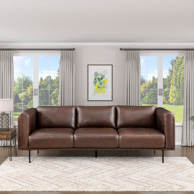 Canapé en cuir grainé moderne et contemporain de 88 po avec accoudoirs carrés modernes, détail capitonné raffiné