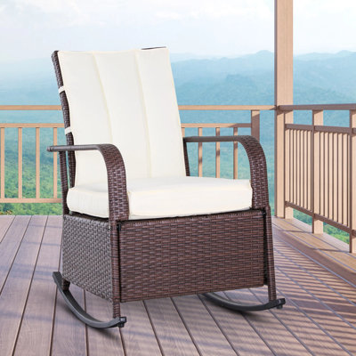 Fauteuil inclinable d'extérieur berçant en rotin PE, siège de patio réglable en osier avec repose-pieds et coussins épais, chaise berçante résistante aux intempéries avec structure en acier robuste