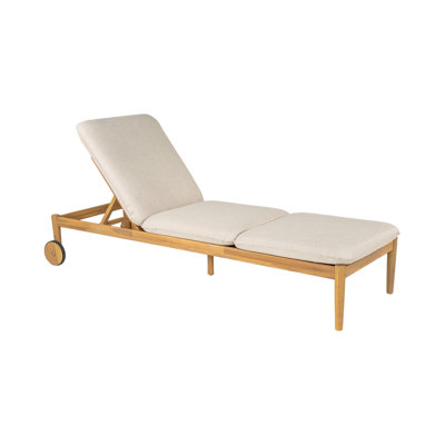 Chaise longue d'extérieur Riviera avec roulettes et coussin, structure en bois d'acacia en teck clair et beige
