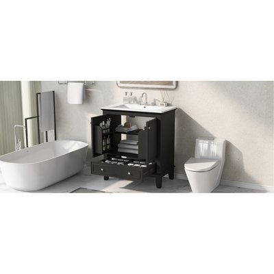 Lavabo de salle de bain noir 30 po - Armoire multifonctionnelle en bois massif avec portes, armoire de rangement à tablettes réglables, rangement fonctionnel et mise à niveau Innovation 2