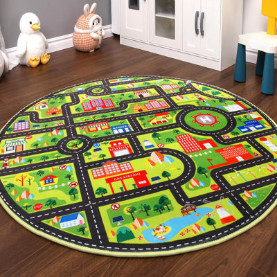 Tapis rond pour enfants 4 x 4, trafic urbain, à poils courts, antidérapant, tapis éducatif amusant pour chambre d'enfant, salle de jeux, noir.