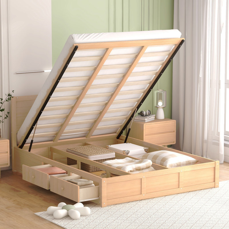 Grand lit plateforme en bois avec rangement inférieur et 2 tiroirs