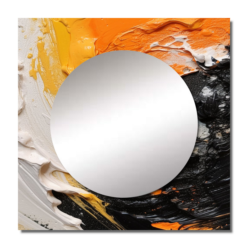 Orange et noir Mystic Spirals III - Miroir carré à spirales abstraites pour décoration murale, 36 po x 36 po