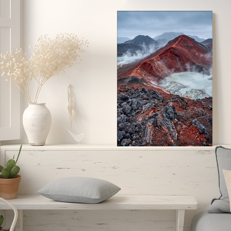 «Red and Black Volcanic Landscape with Turquoise Steam Lake», art mural sur toile, 18"H x 12"W