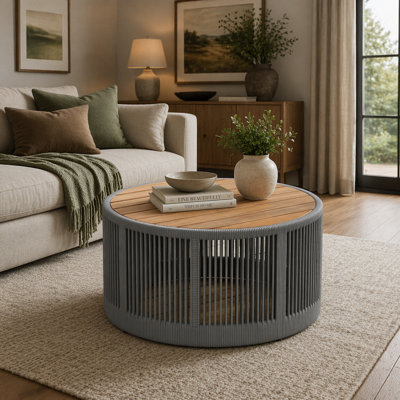 Table basse de patio en bois d'acacia et corde de rotin, table d'appoint d'extérieur résistante aux intempéries, mobilier d'extérieur rustique pour le jardin, la cour, le balcon et la cour
