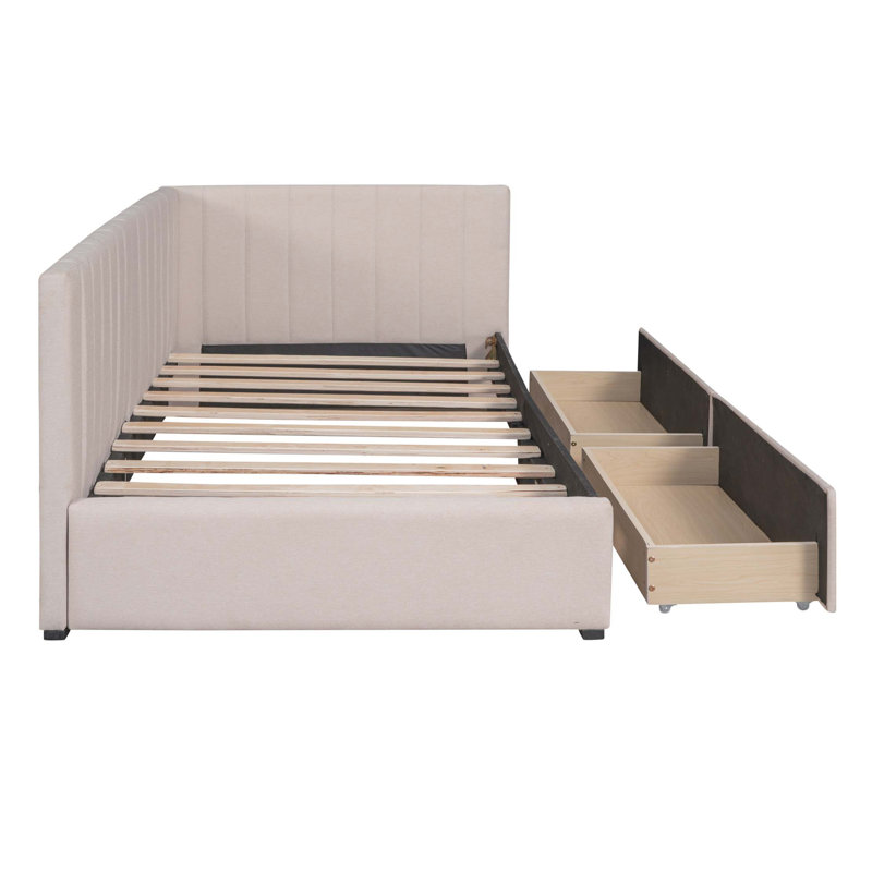 Lit de jour rembourré en lin avec deux tiroirs de rangement et aucun sommier nécessaire, Beige
