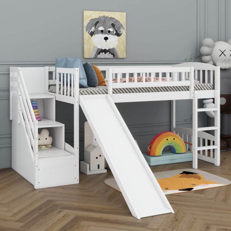 Lit mezzanine simple avec deux tiroirs et glissade Playful Stairway, Blanc