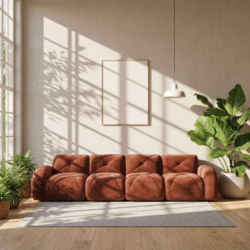 Canapé modulaire en velours touffeté l 140 po x P 35 po x H 28 po Boneless Loaf, Orange, 29.9" H x 140.9" W x 37.4" D