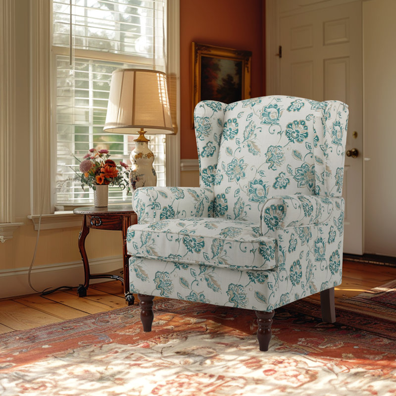 Upholstered Accent Chair, White/Green Floral