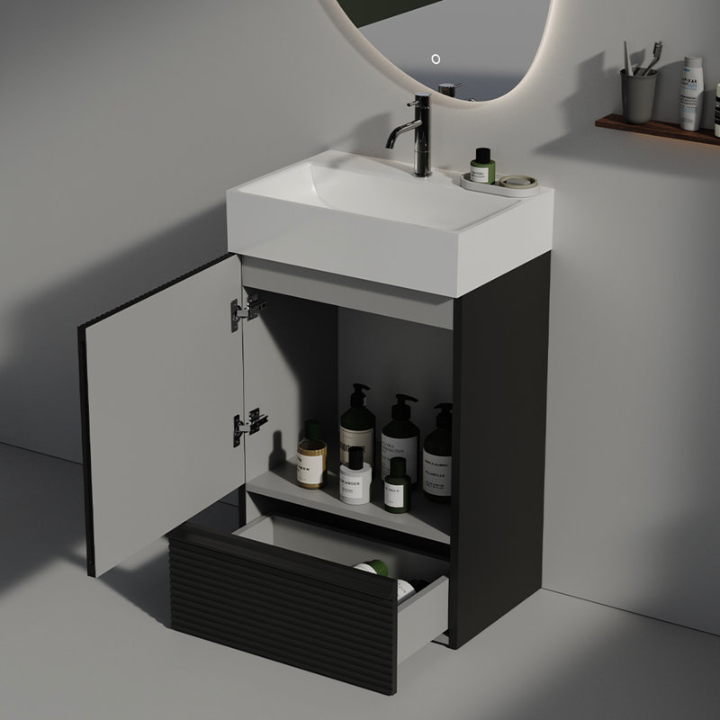 Meuble-lavabo moderne noir mat Matt - armoire autoportante avec lavabo en céramique et structure fonctionnelle et stable