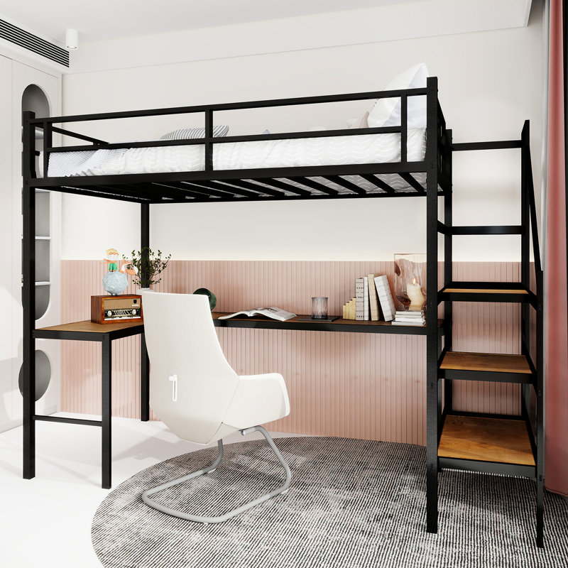 Lit mezzanine simple en fer noir avec bureau en L, embout, silencieux, garde-corps 360, tablettes de rangement, espace de protection de la chambre à coucher
