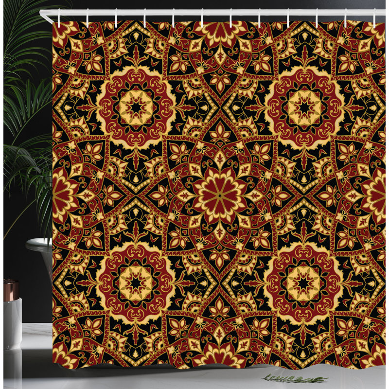 East Urban Home Turkish Pattern Shower Curtain Dark Byzantine Ruby Mustard Black, 70" H x 69" W