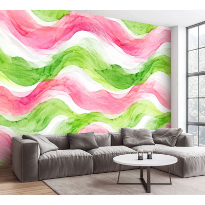 Papier peint adhésif autocollant à rayures abstraites aquarelle ondulée rose vert doux et organique avec papier contact amovible pour décoration de chambre à coucher H 69 po x l 96 po