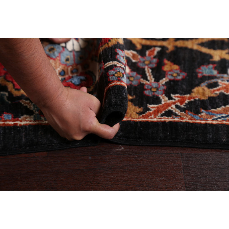 Tapis noir en laine noué à la main de conception unique 9 pi x 12 pi 1 po Ziegler