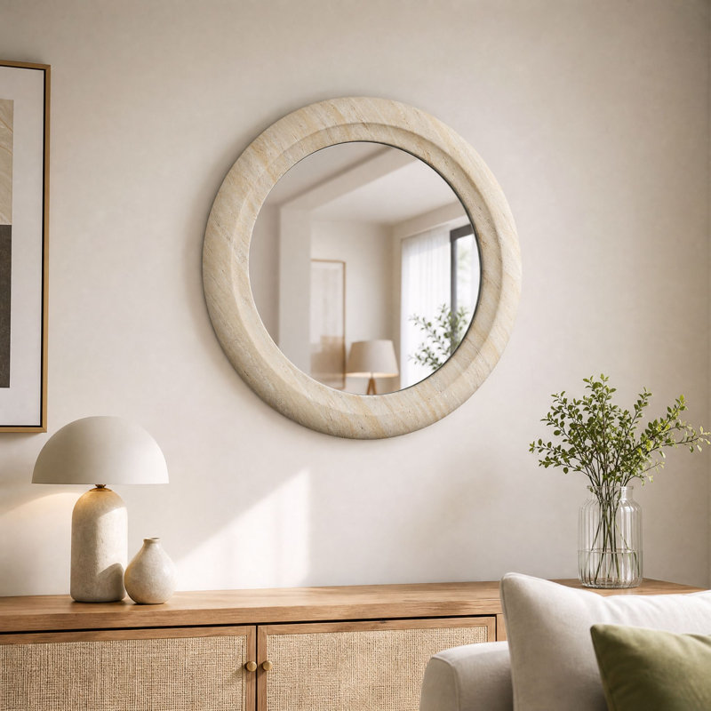 23.3" Round Wall Mirror with Travertine Finish
