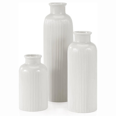 White Ceramic Vase Set Of 3, Boho Modern White Flower Vase Room Decor, Farmhouse Decor, Vases For Your Kitchen, Bathroom, Bedroom, Living Room, Office And Shelf Centerpiece Table Decorations