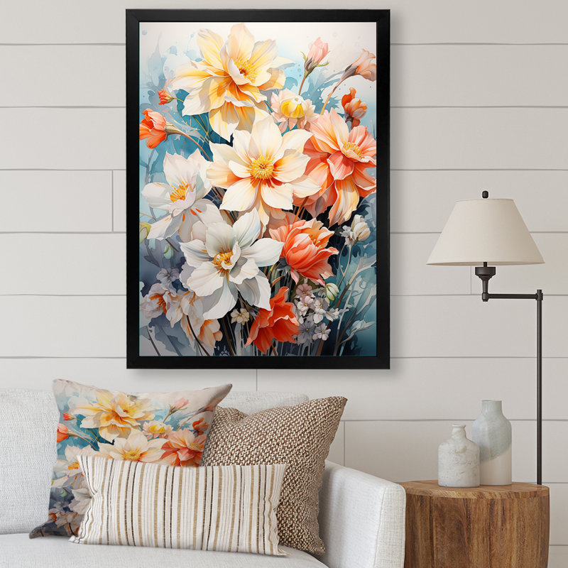 Darionte " Meadow Daffodil Dance ", Black Picture Framed, 20" H x 12" W x 1" D