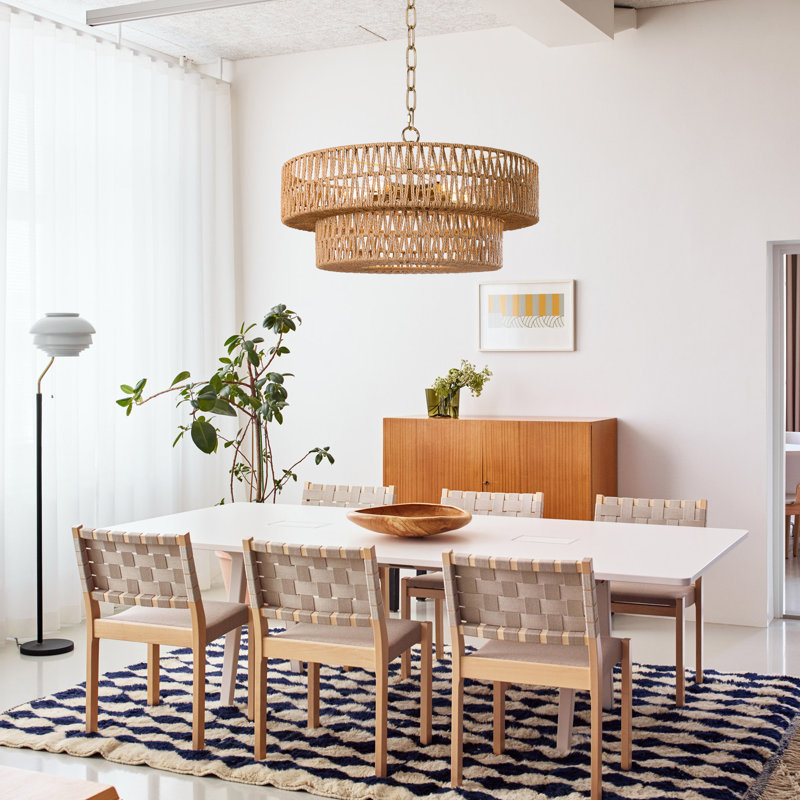 Caytlen 5-Light 21.6" Dimmable Hand-Woven Rattan Drum Chandelier, Brushed Gold